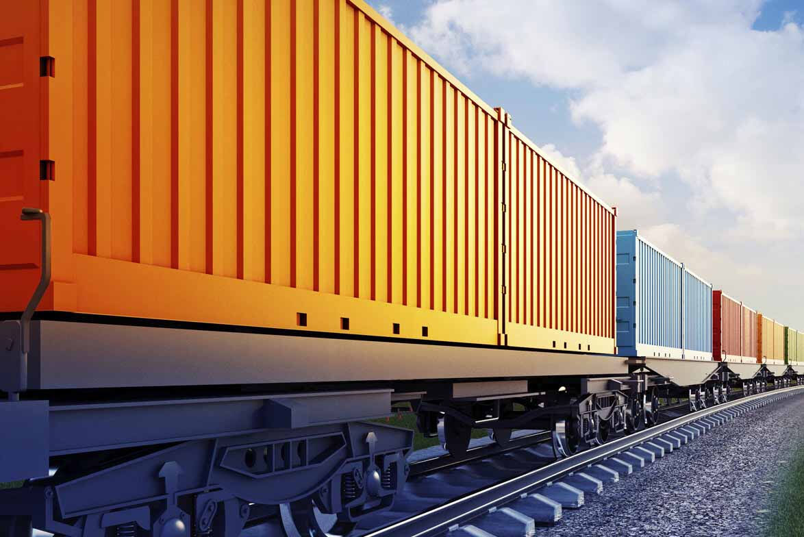 3d illustration of wagon of freight train with containers on the sky background
